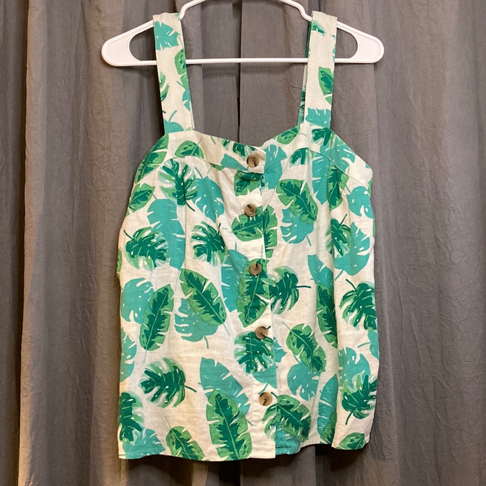 JCrew botanical leaf print top with faux buttons